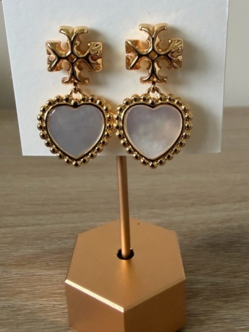 Tory Burch Gold-Tone Heart Drop Earrings with Mother-of-Pearl